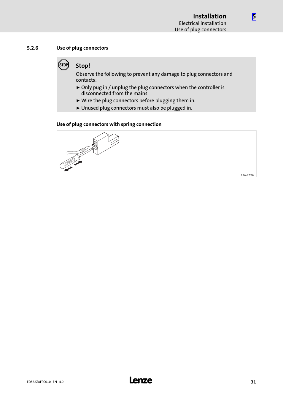 6 use of plug connectors, Use of plug connectors | Lenze E82ZAFPC010 User Manual | Page 31 / 94