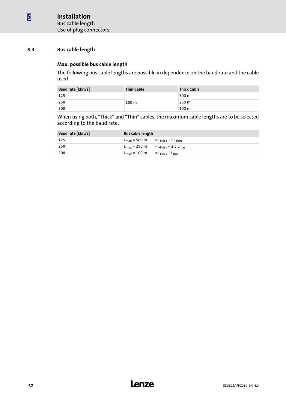 3 bus cable length, Bus cable length, Installation | Lenze E82ZAFPC010 User Manual | Page 32 / 94