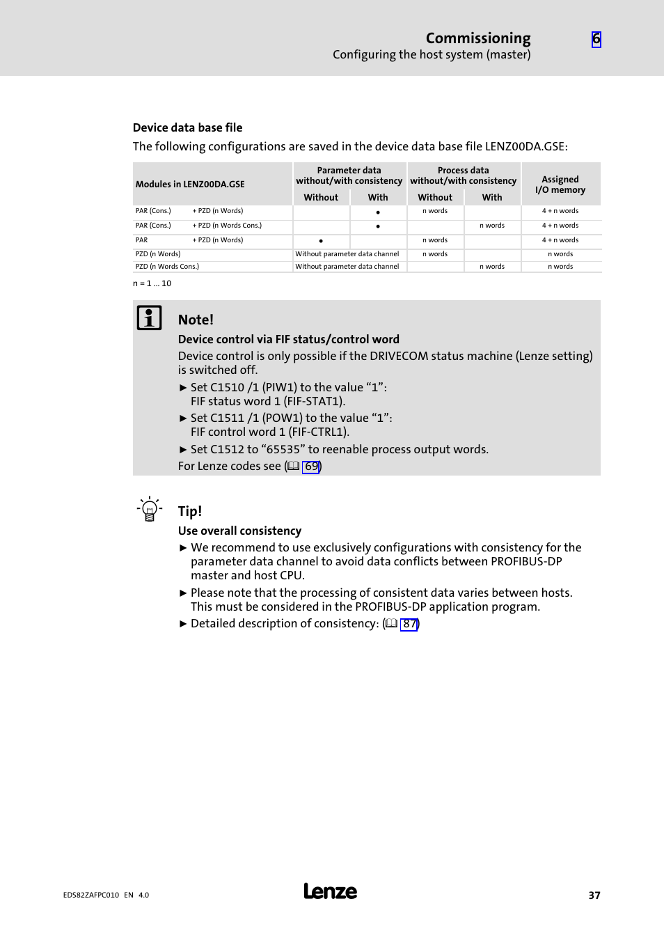 Commissioning | Lenze E82ZAFPC010 User Manual | Page 37 / 94