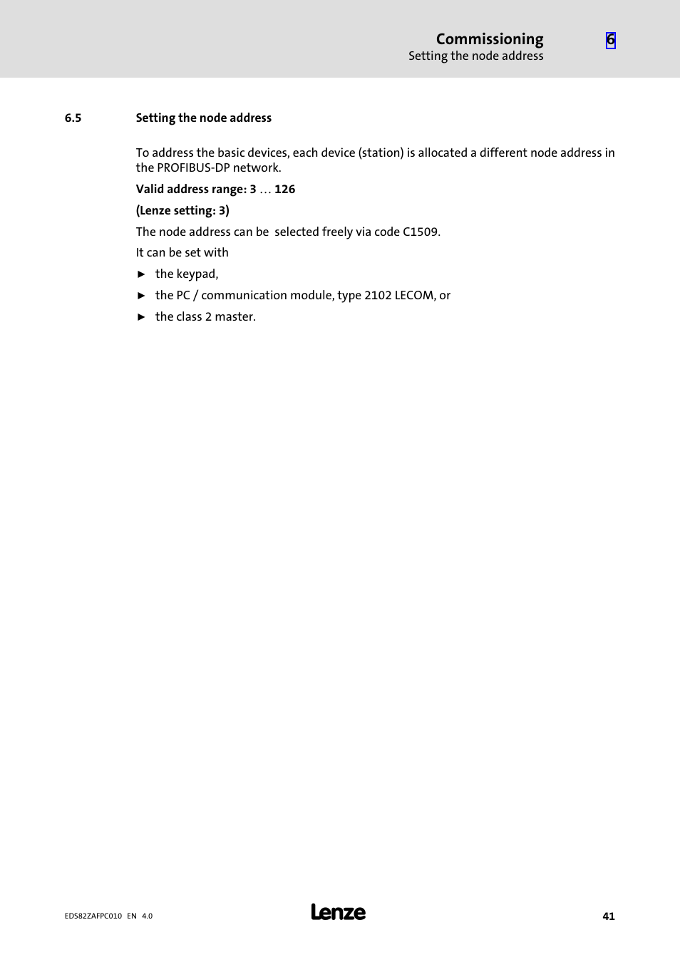 5 setting the node address, Setting the node address, Commissioning | Lenze E82ZAFPC010 User Manual | Page 41 / 94