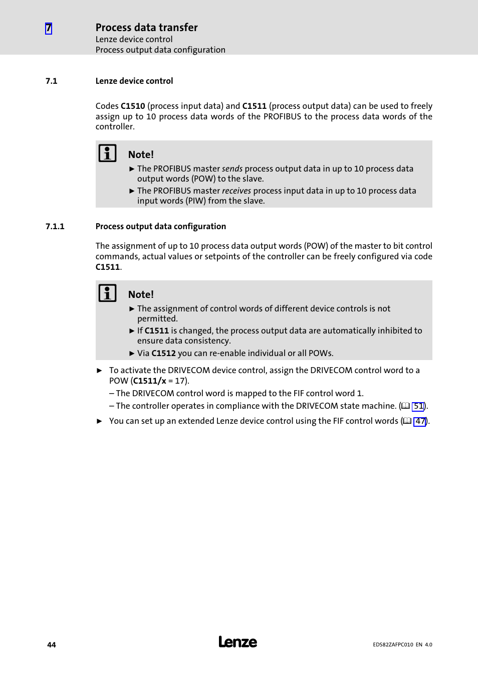 1 lenze device control, 1 process output data configuration, Lenze device control | Process output data configuration | Lenze E82ZAFPC010 User Manual | Page 44 / 94