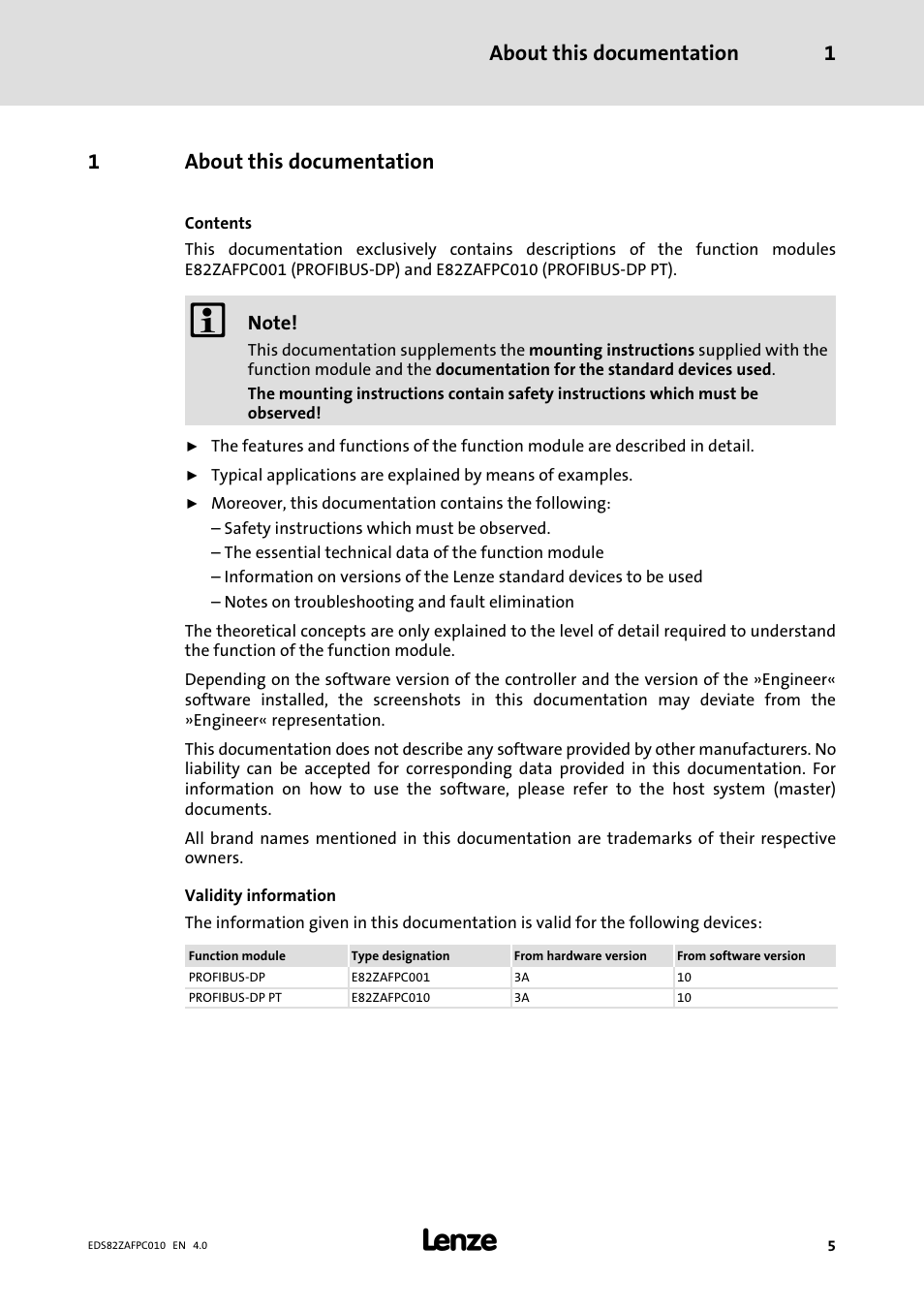1 about this documentation, About this documentation, About this documentation 1 | 1about this documentation | Lenze E82ZAFPC010 User Manual | Page 5 / 94