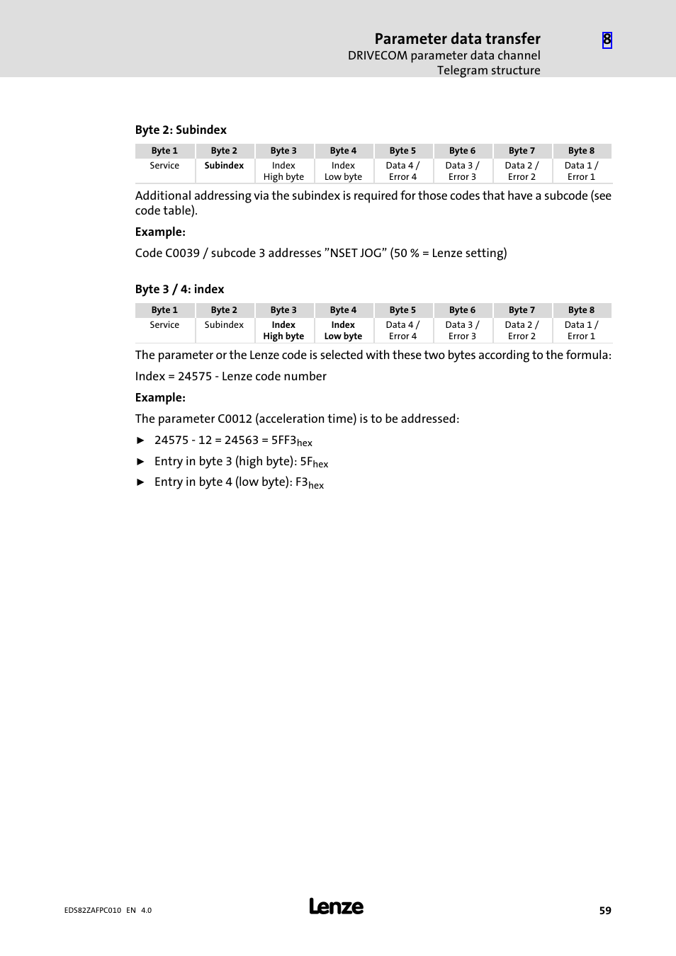 Parameter data transfer | Lenze E82ZAFPC010 User Manual | Page 59 / 94