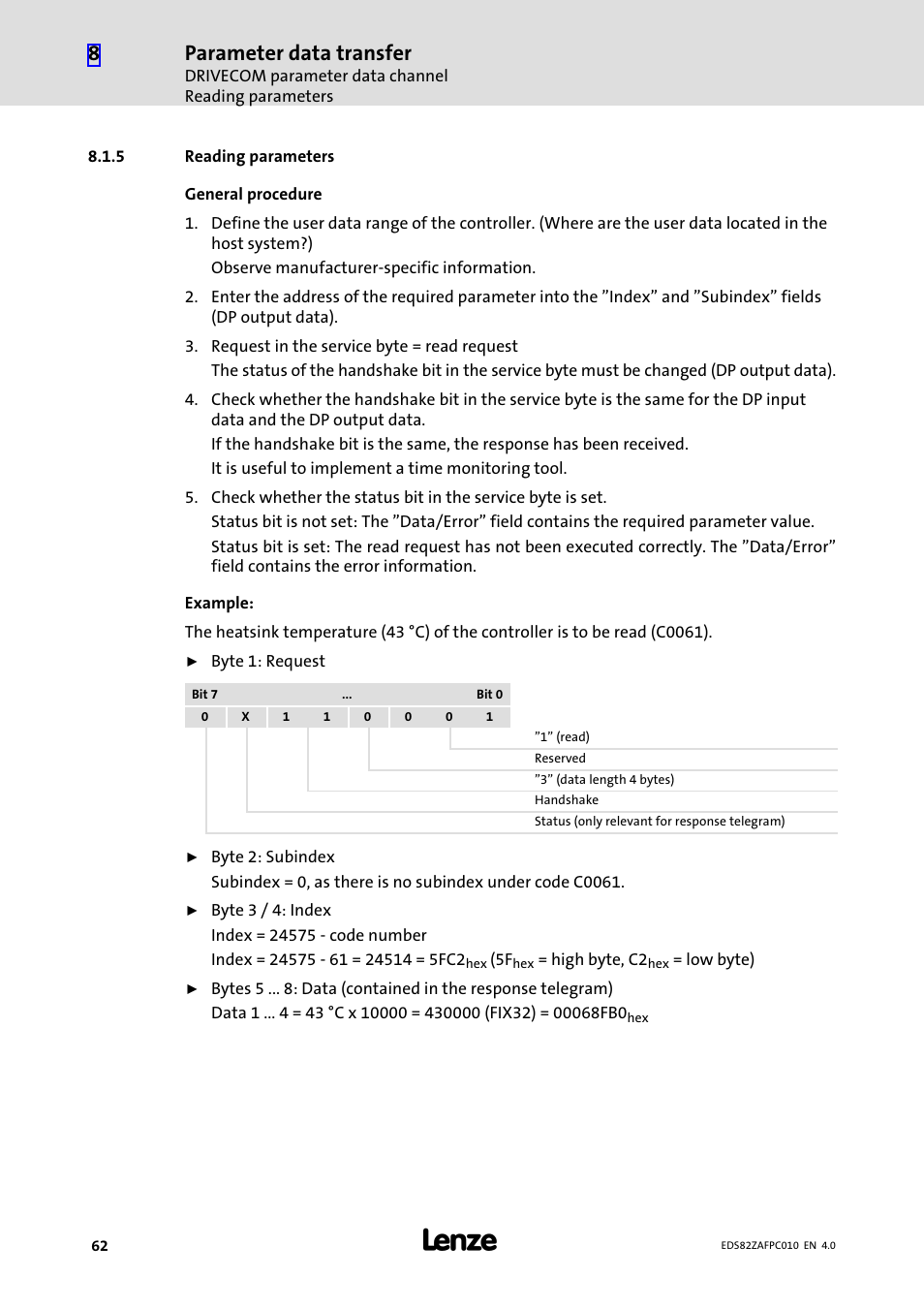 5 reading parameters, Reading parameters, Parameter data transfer | Lenze E82ZAFPC010 User Manual | Page 62 / 94