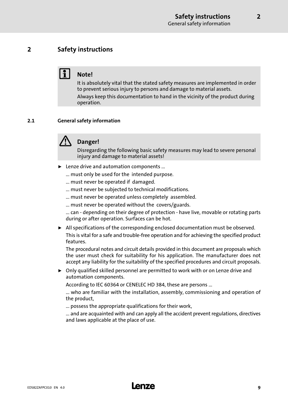 2 safety instructions, 1 general safety information, Safety instructions | General safety information | Lenze E82ZAFPC010 User Manual | Page 9 / 94