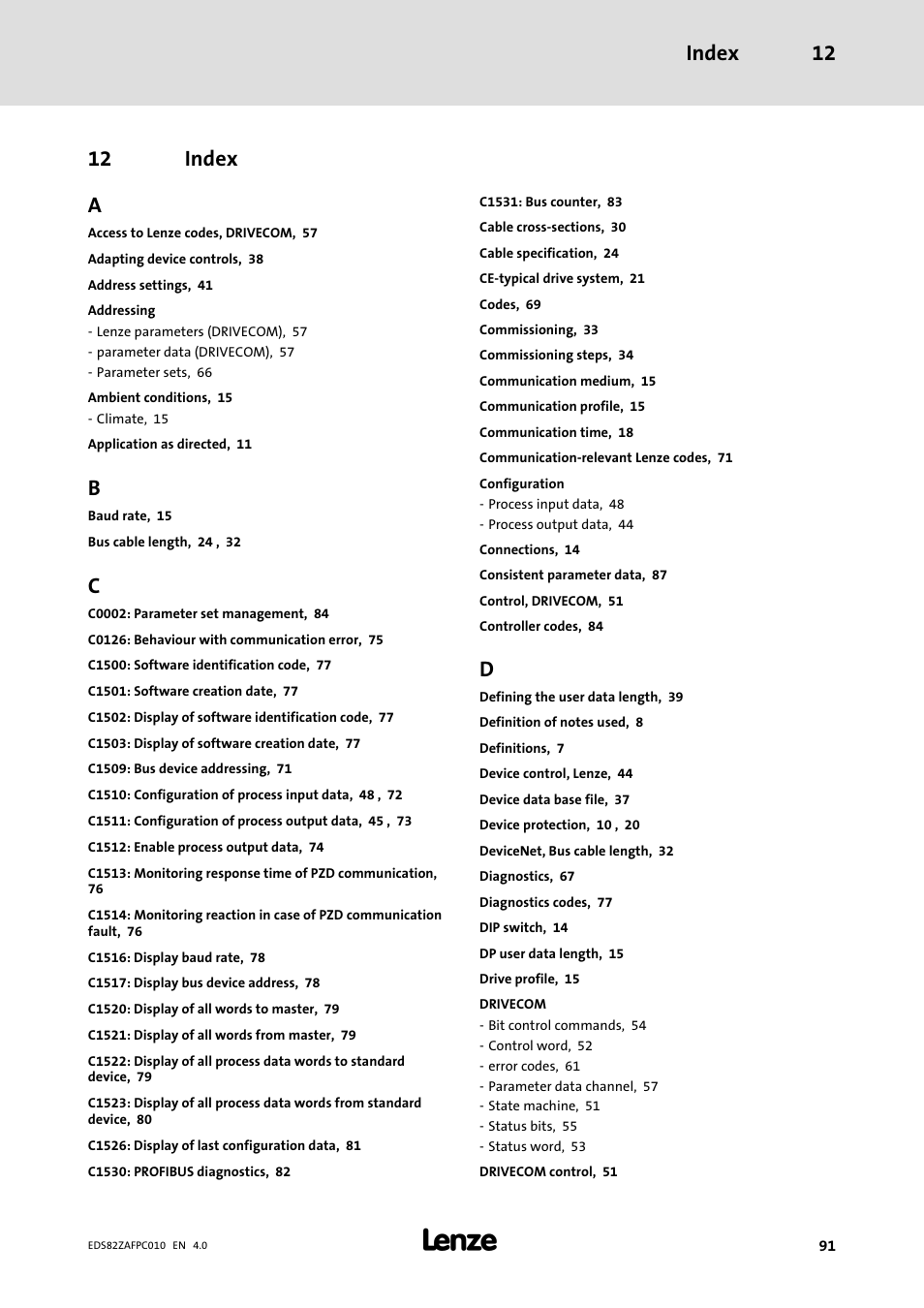 12 index, Index, Index 12 | 12 index a | Lenze E82ZAFPC010 User Manual | Page 91 / 94