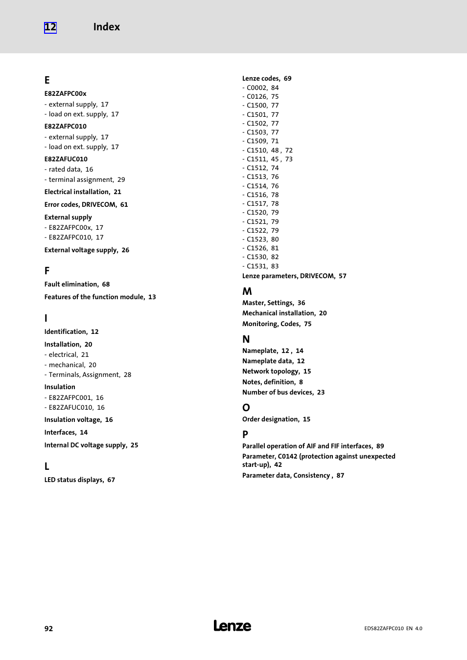 Index 12 | Lenze E82ZAFPC010 User Manual | Page 92 / 94