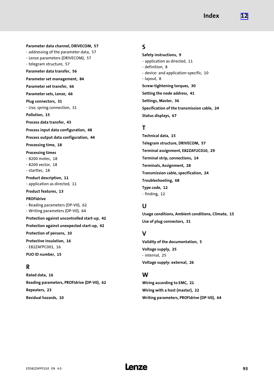 Index 12 | Lenze E82ZAFPC010 User Manual | Page 93 / 94