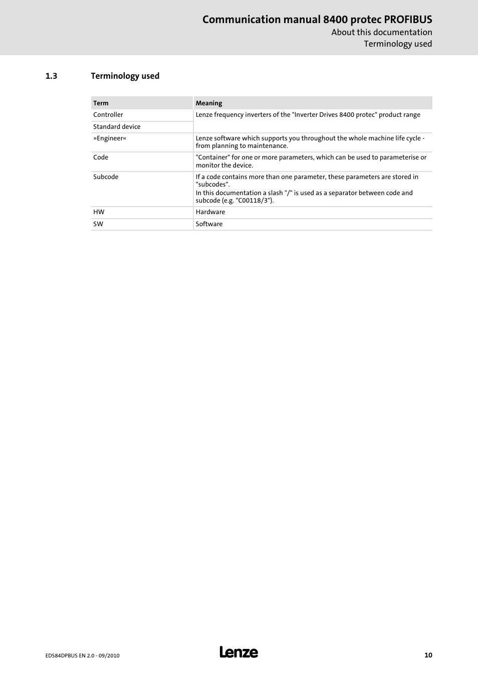 3 terminology used, Terminology used, Communication manual 8400 protec profibus | Lenze E84Dxxxx User Manual | Page 10 / 97