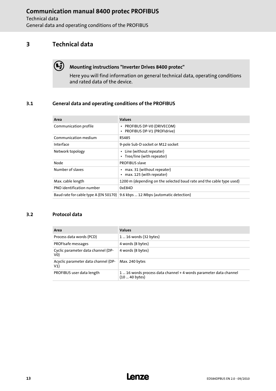 3 technical data, 2 protocol data, Technical data | Protocol data, Communication manual 8400 protec profibus, 3technical data | Lenze E84Dxxxx User Manual | Page 13 / 97