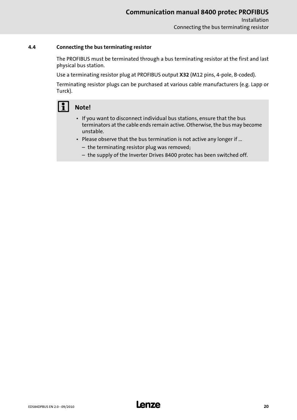 4 connecting the bus terminating resistor, Connecting the bus terminating resistor | Lenze E84Dxxxx User Manual | Page 20 / 97