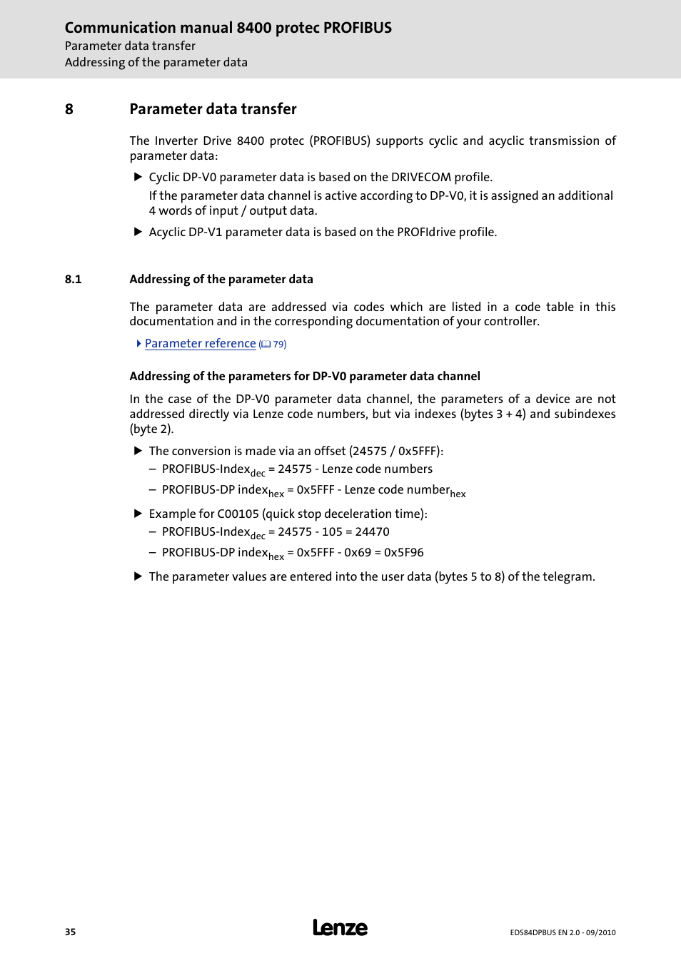 8 parameter data transfer, 1 addressing of the parameter data, Parameter data transfer | Addressing of the parameter data, Communication manual 8400 protec profibus, 8parameter data transfer | Lenze E84Dxxxx User Manual | Page 35 / 97