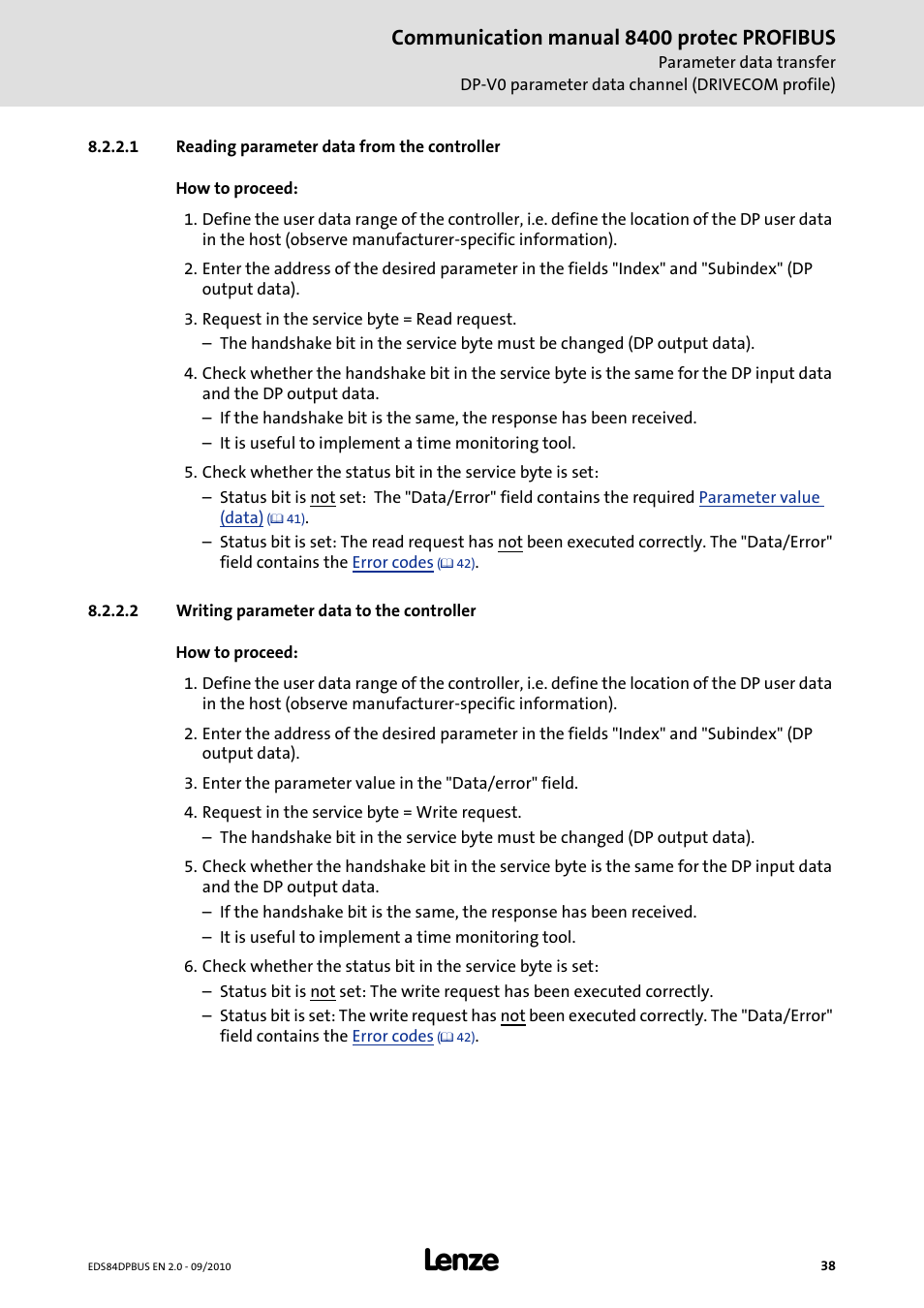 1 reading parameter data from the controller, 2 writing parameter data to the controller, Reading parameter data from the controller ( 38) | Writing parameter data to the controller ( 38), Communication manual 8400 protec profibus | Lenze E84Dxxxx User Manual | Page 38 / 97