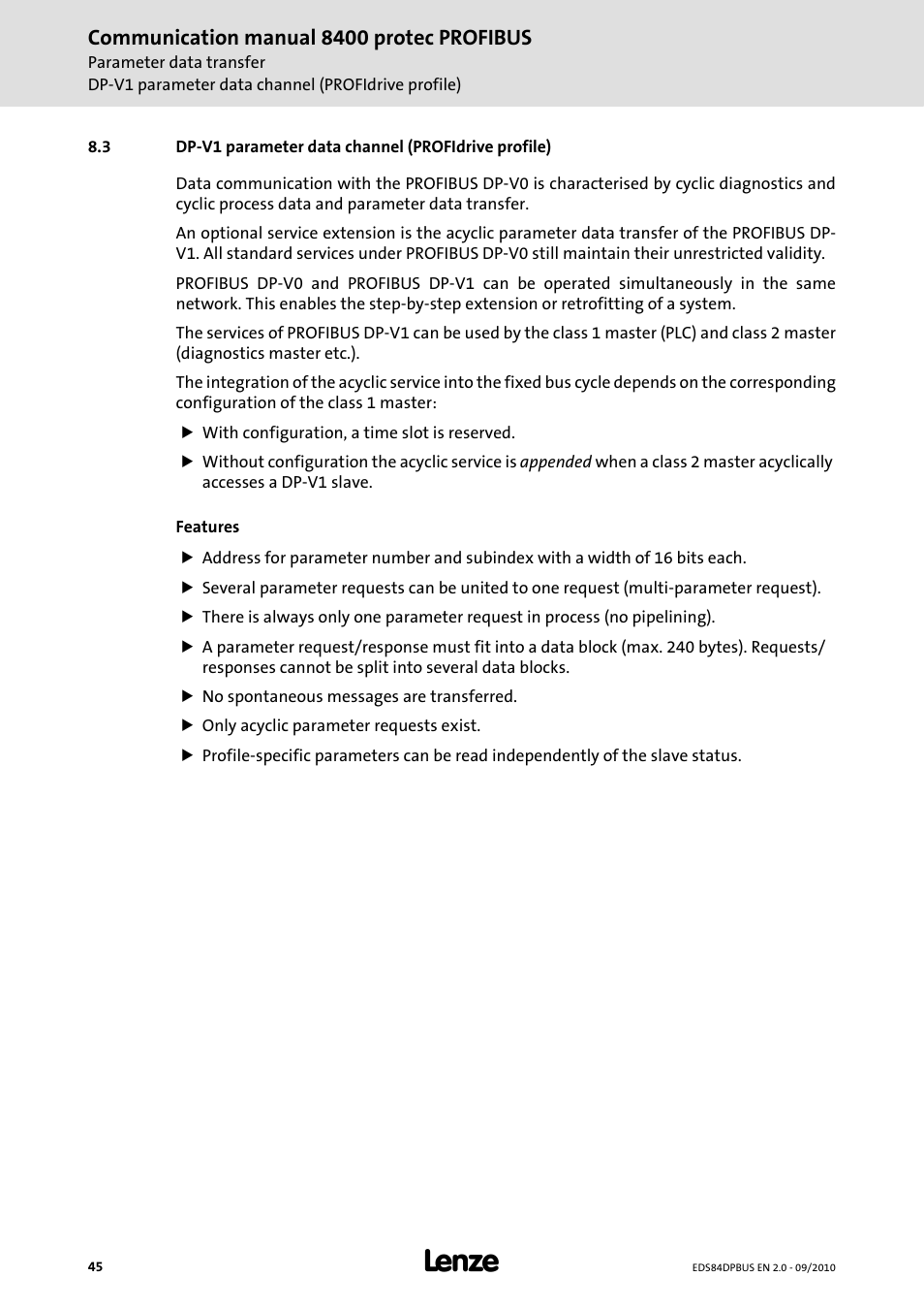Dp-v1 parameter data channel (profidrive profile), Communication manual 8400 protec profibus | Lenze E84Dxxxx User Manual | Page 45 / 97