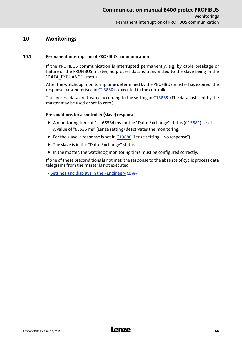 10 monitorings, 1 permanent interruption of profibus communication, Monitorings | Permanent interruption of profibus communication, Communication manual 8400 protec profibus | Lenze E84Dxxxx User Manual | Page 64 / 97