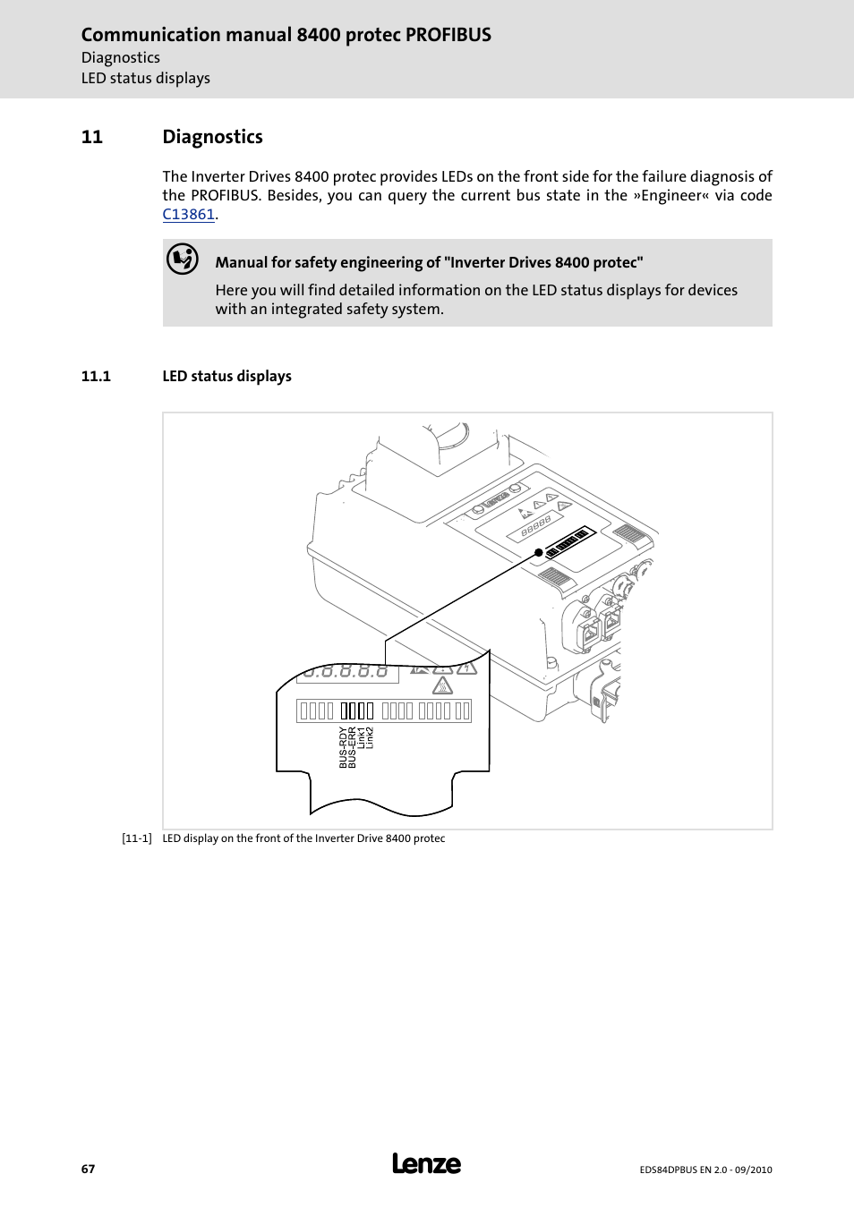 11 diagnostics, 1 led status displays, Diagnostics | Led status displays | Lenze E84Dxxxx User Manual | Page 67 / 97
