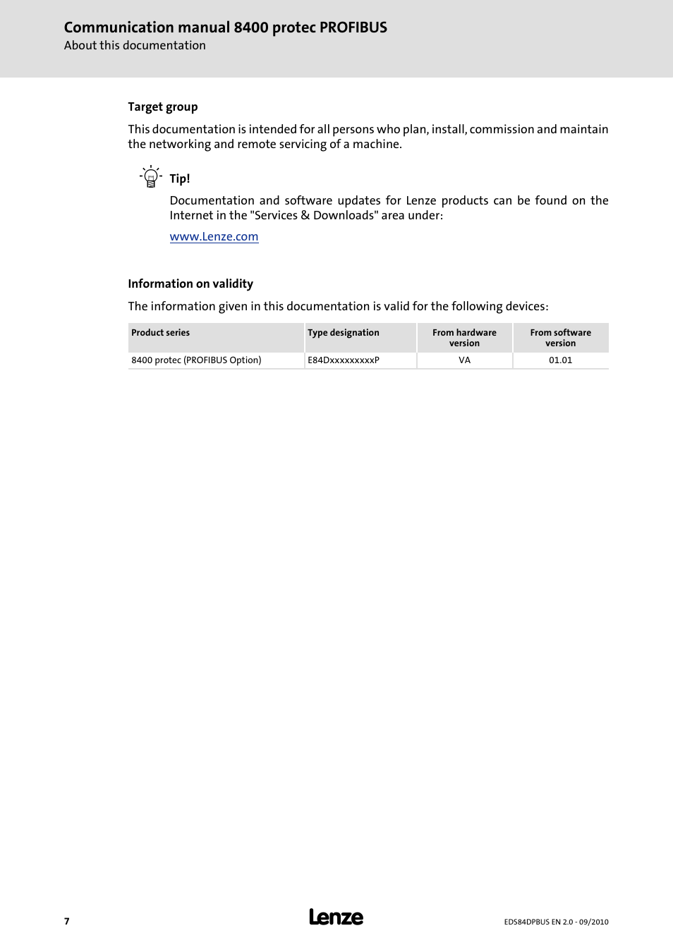 Communication manual 8400 protec profibus | Lenze E84Dxxxx User Manual | Page 7 / 97
