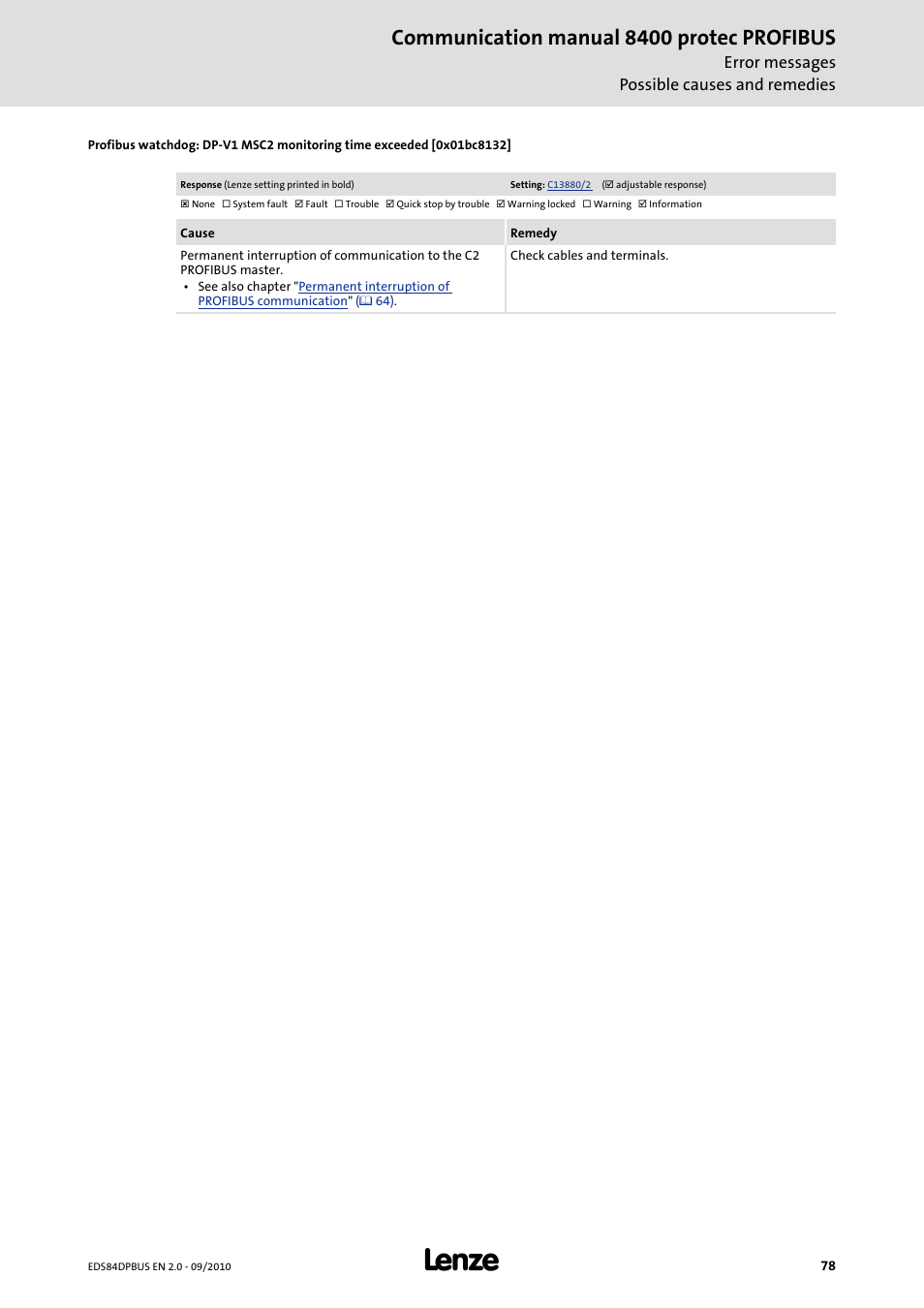 0x01bc8132, Communication manual 8400 protec profibus | Lenze E84Dxxxx User Manual | Page 78 / 97