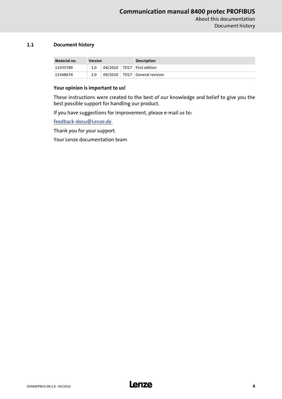 1 document history, Document history, Communication manual 8400 protec profibus | Lenze E84Dxxxx User Manual | Page 8 / 97