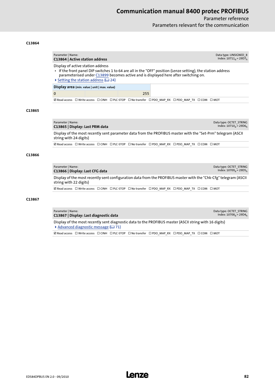 C13864 | active station address, C13865 | display: last prm data, C13866 | display: last cfg data | C13867 | display: last diagnostic data, C13864, Communication manual 8400 protec profibus | Lenze E84Dxxxx User Manual | Page 82 / 97