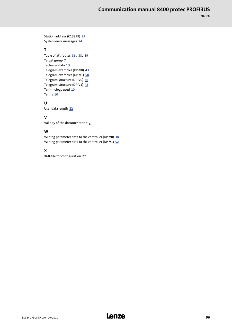 Communication manual 8400 protec profibus | Lenze E84Dxxxx User Manual | Page 96 / 97