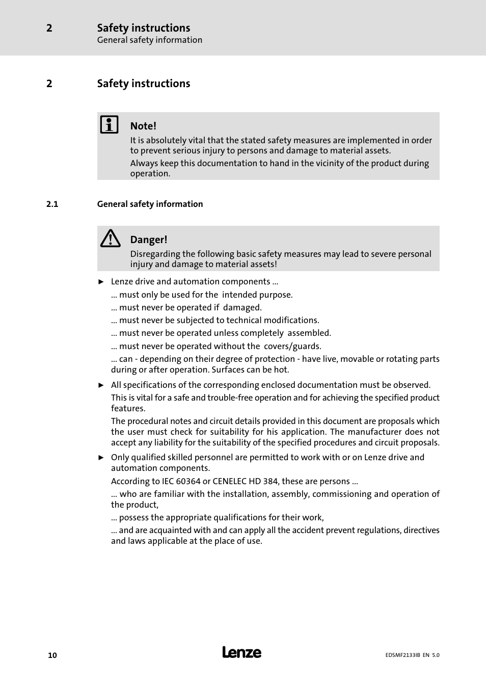 2 safety instructions, 1 general safety information, Safety instructions | General safety information | Lenze EMF2133IB User Manual | Page 10 / 134