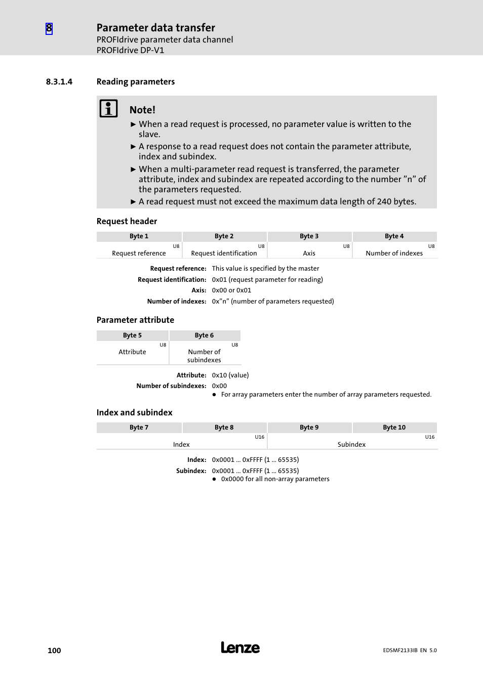 Parameter data transfer | Lenze EMF2133IB User Manual | Page 100 / 134