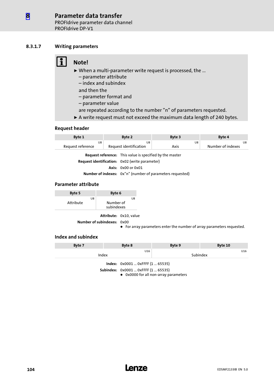 Parameter data transfer | Lenze EMF2133IB User Manual | Page 104 / 134