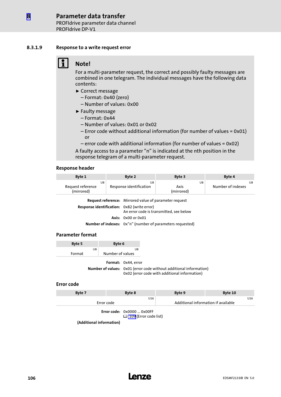 Parameter data transfer | Lenze EMF2133IB User Manual | Page 106 / 134