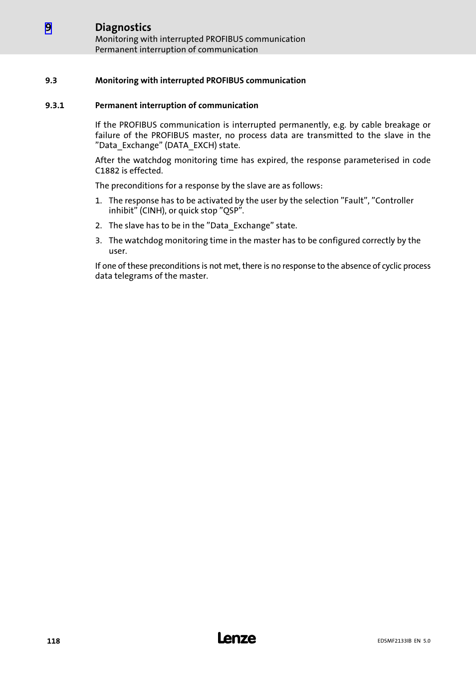 1 permanent interruption of communication, Monitoring with interrupted profibus communication, Permanent interruption of communication | Lenze EMF2133IB User Manual | Page 118 / 134