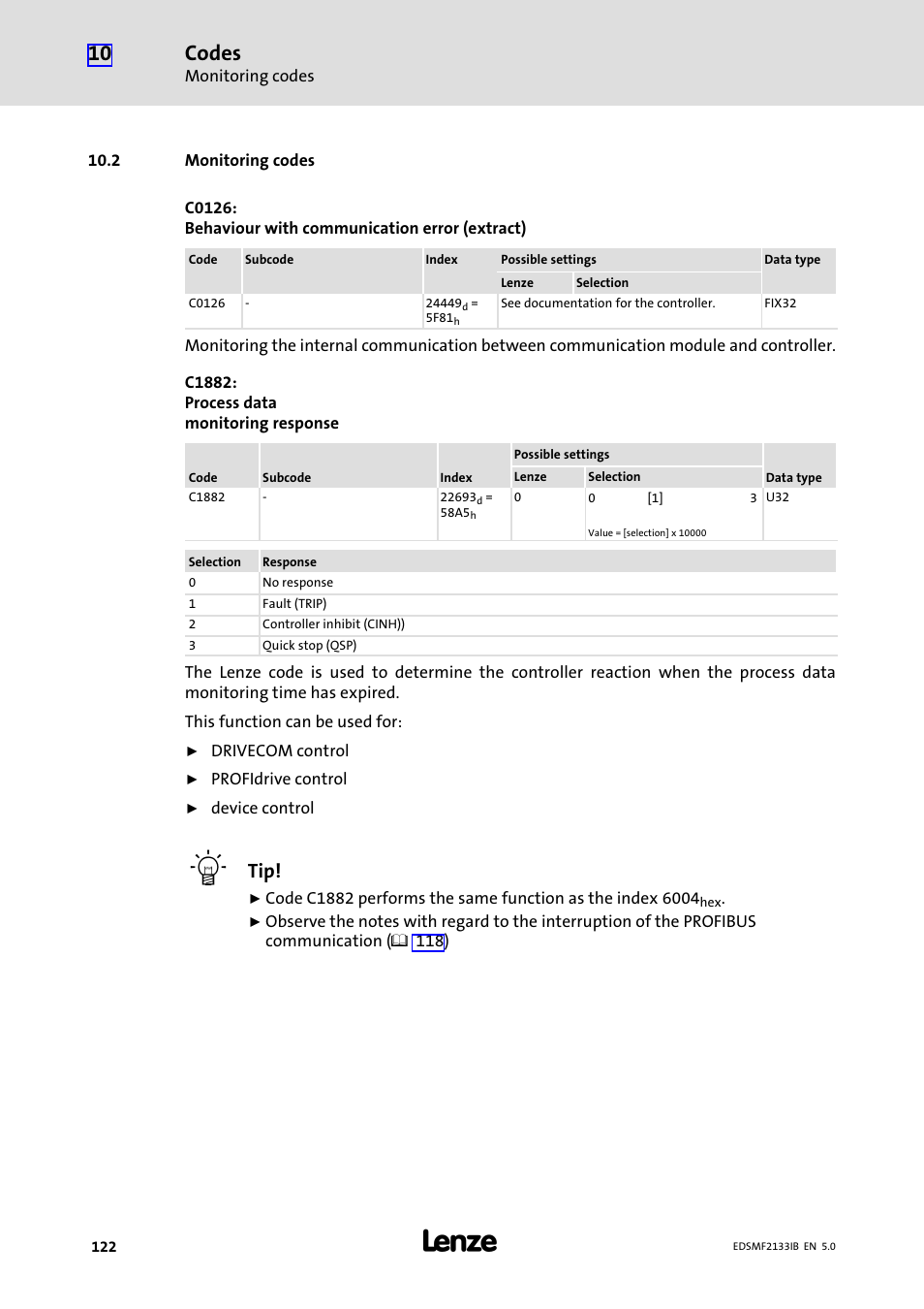 2 monitoring codes, Codes | Lenze EMF2133IB User Manual | Page 122 / 134