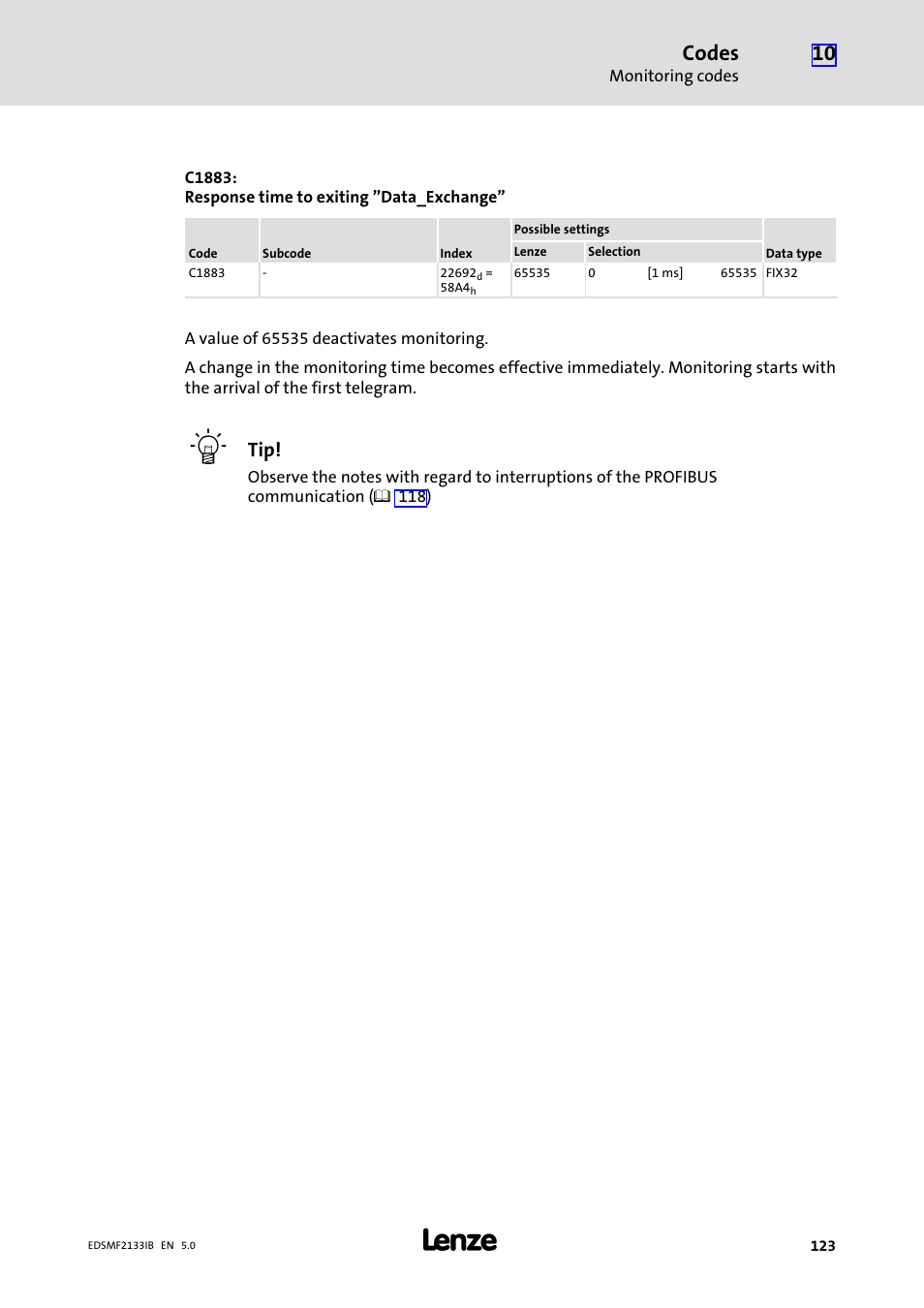 Codes | Lenze EMF2133IB User Manual | Page 123 / 134