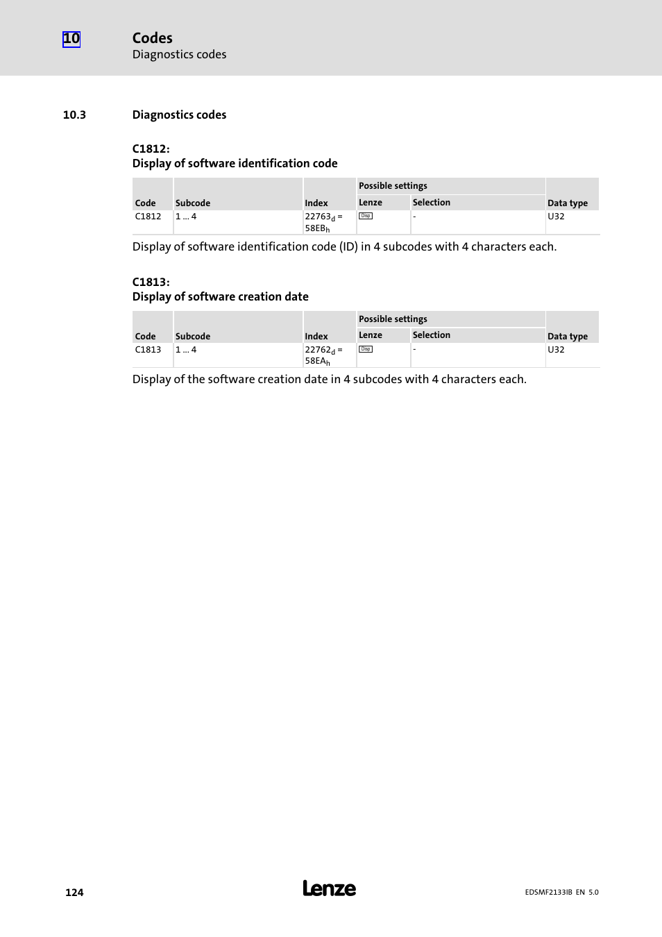 3 diagnostics codes, Codes | Lenze EMF2133IB User Manual | Page 124 / 134