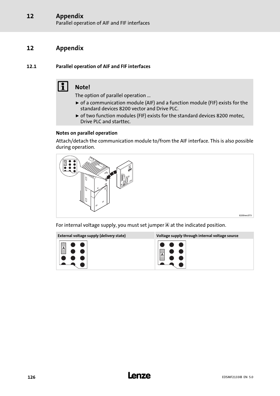 12 appendix, 1 parallel operation of aif and fif interfaces, Appendix | Lenze EMF2133IB User Manual | Page 126 / 134
