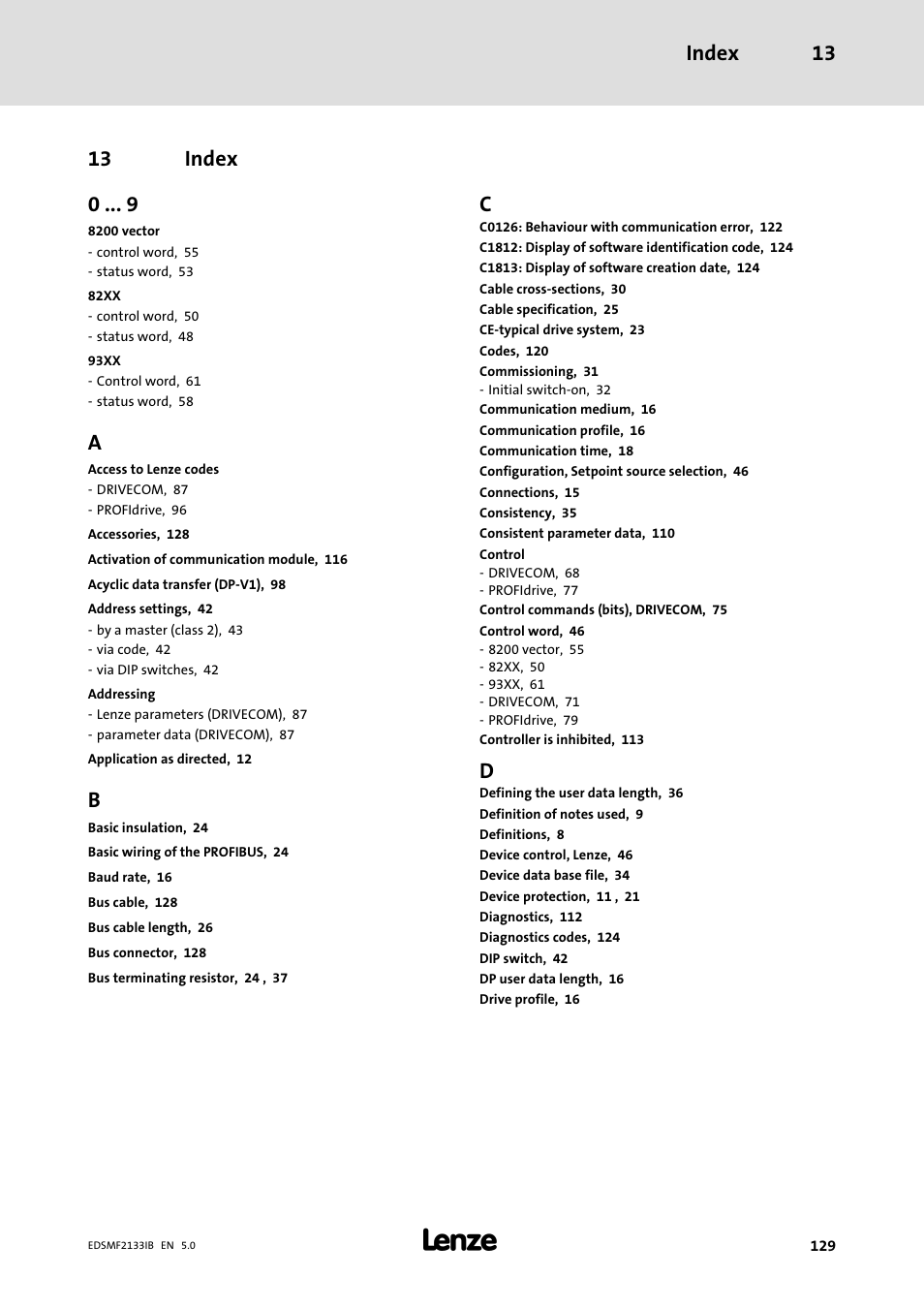 13 index, Index, Index 13 | 13 index 0 | Lenze EMF2133IB User Manual | Page 129 / 134