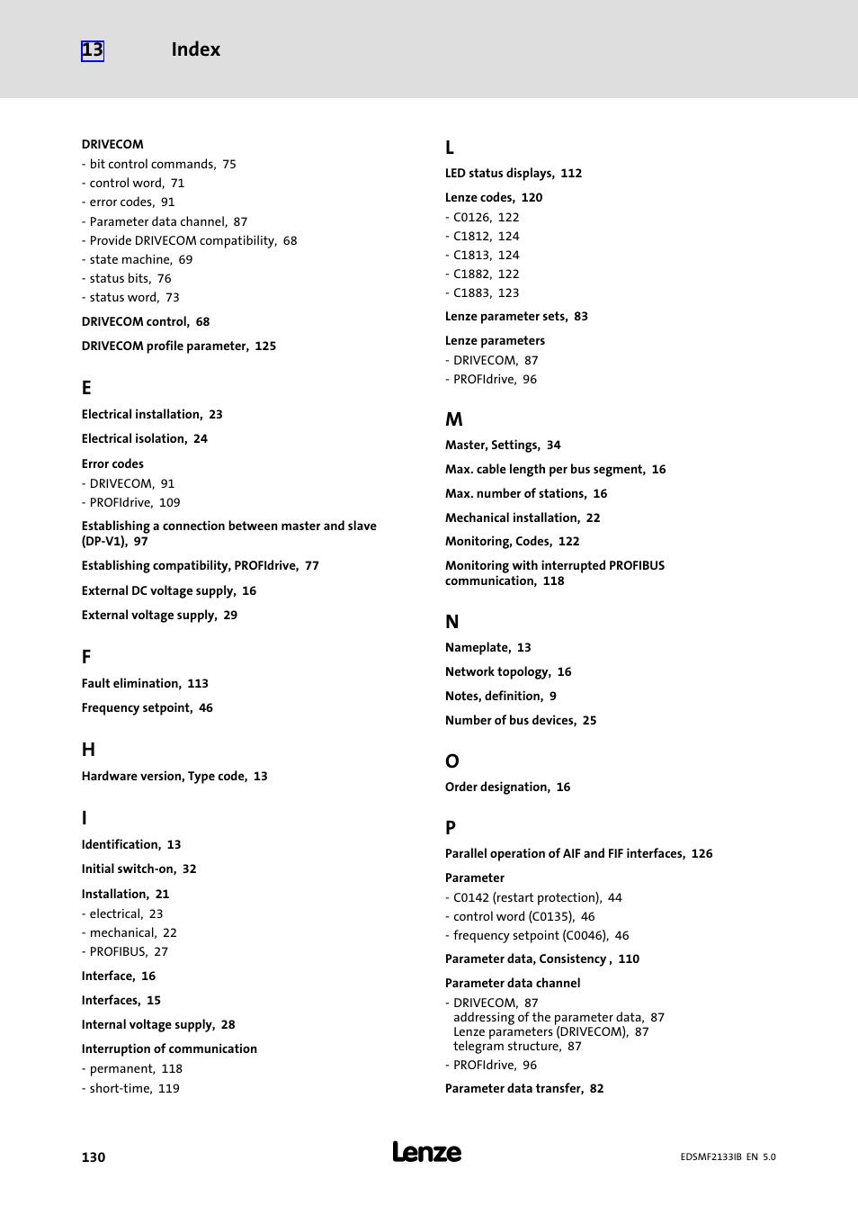 Index 13 | Lenze EMF2133IB User Manual | Page 130 / 134