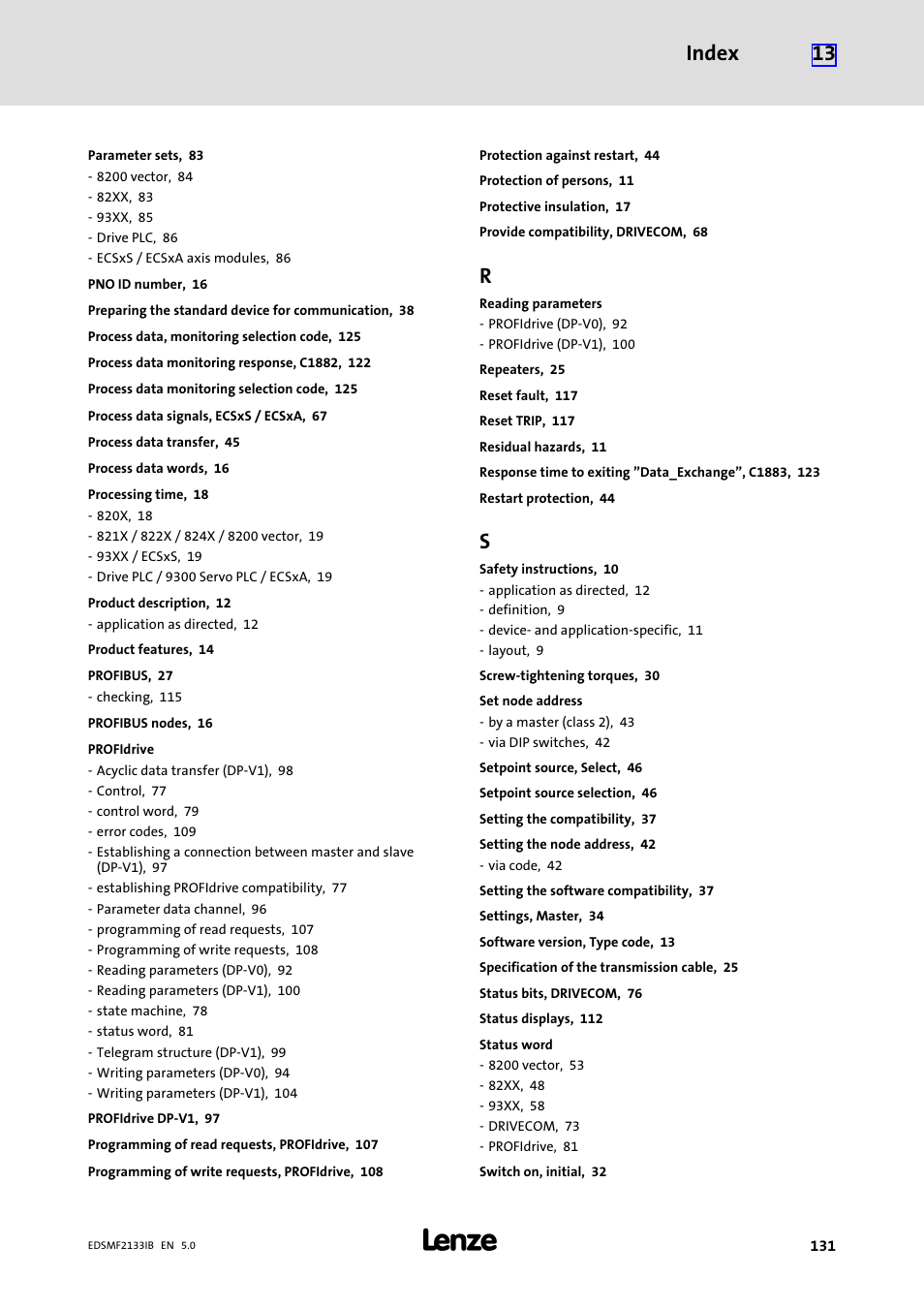 Index 13 | Lenze EMF2133IB User Manual | Page 131 / 134