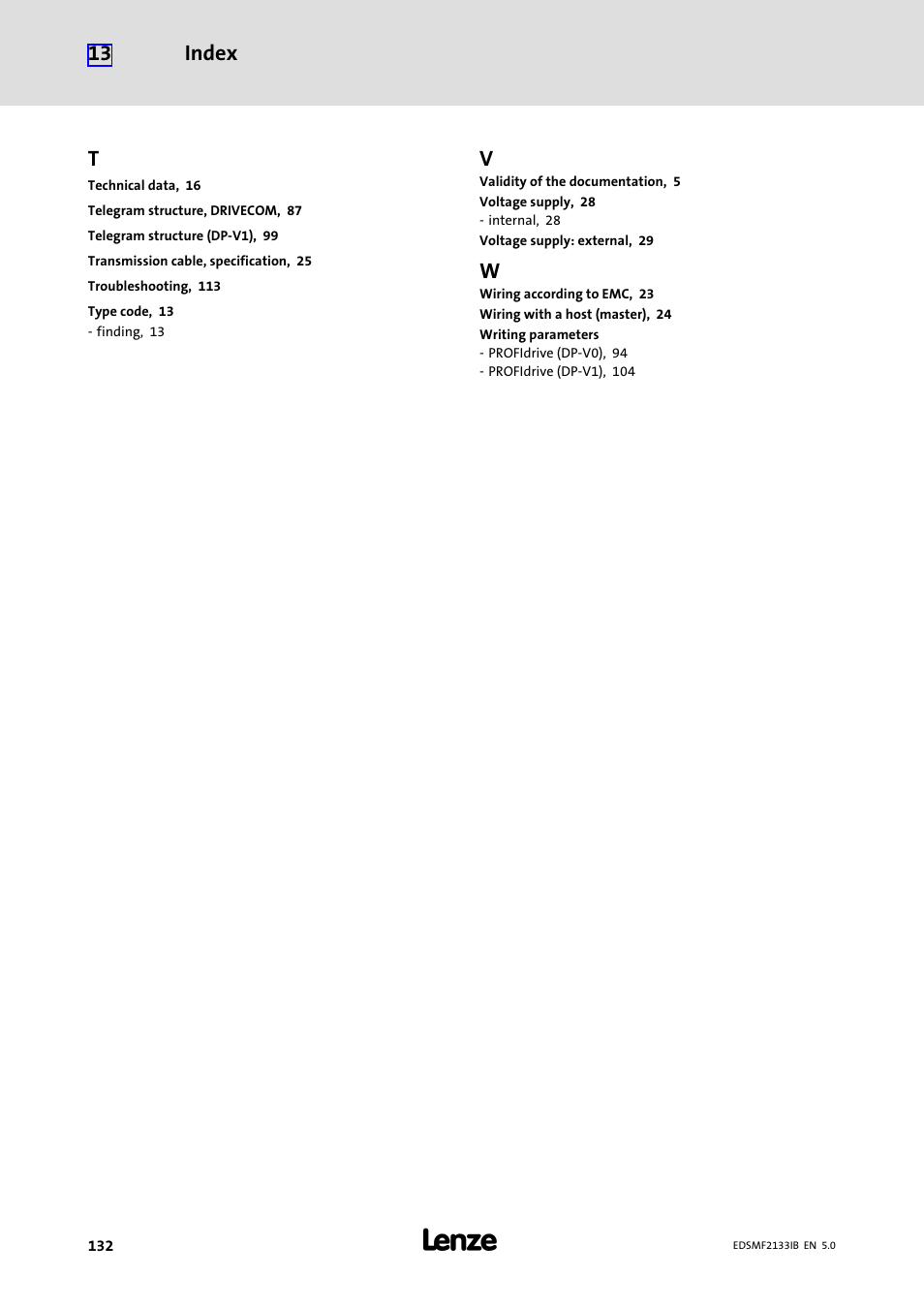 Index 13 | Lenze EMF2133IB User Manual | Page 132 / 134