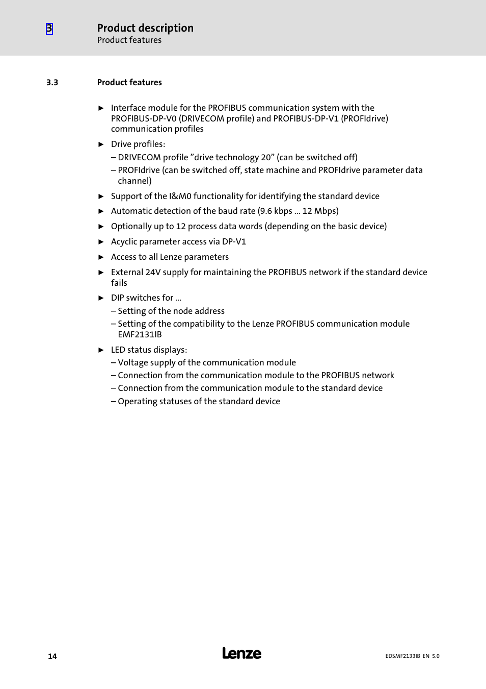 3 product features, Product features, Product description | Lenze EMF2133IB User Manual | Page 14 / 134