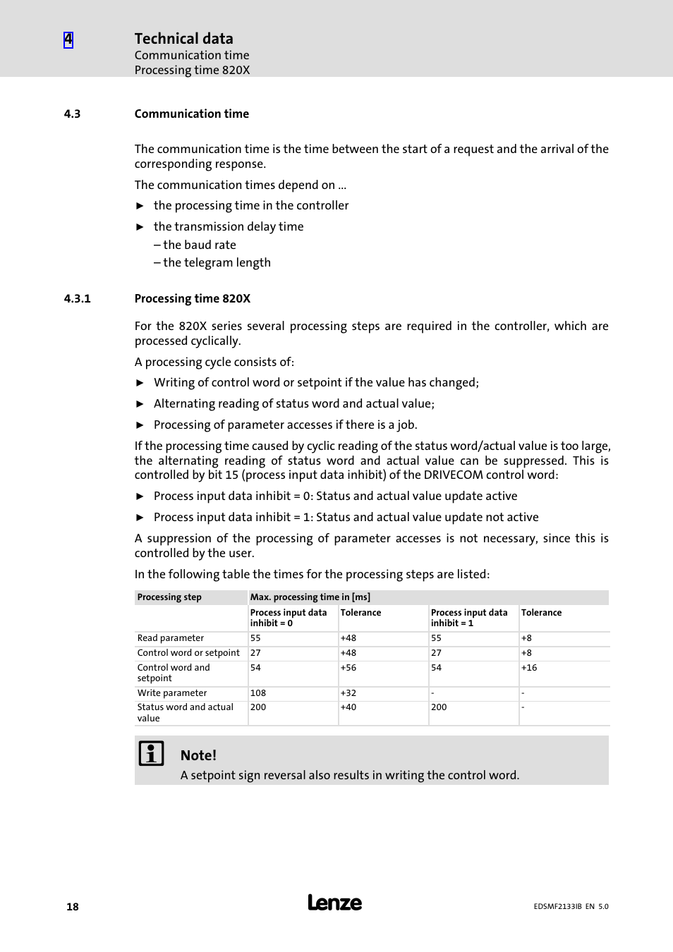 3 communication time, 1 processing time 820x, Communication time | Processing time 820x, Technical data | Lenze EMF2133IB User Manual | Page 18 / 134