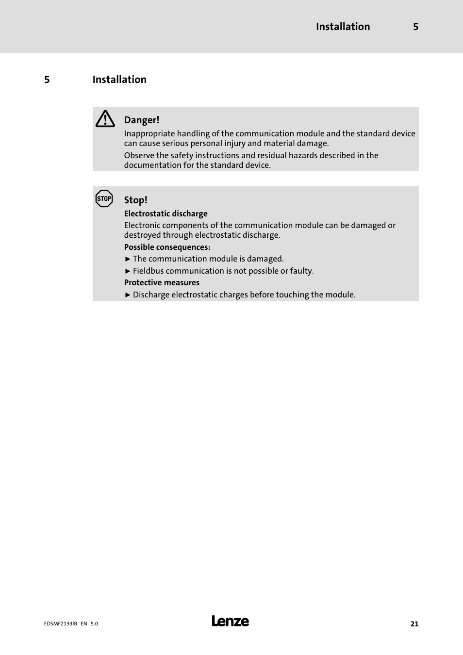 5 installation, Installation | Lenze EMF2133IB User Manual | Page 21 / 134