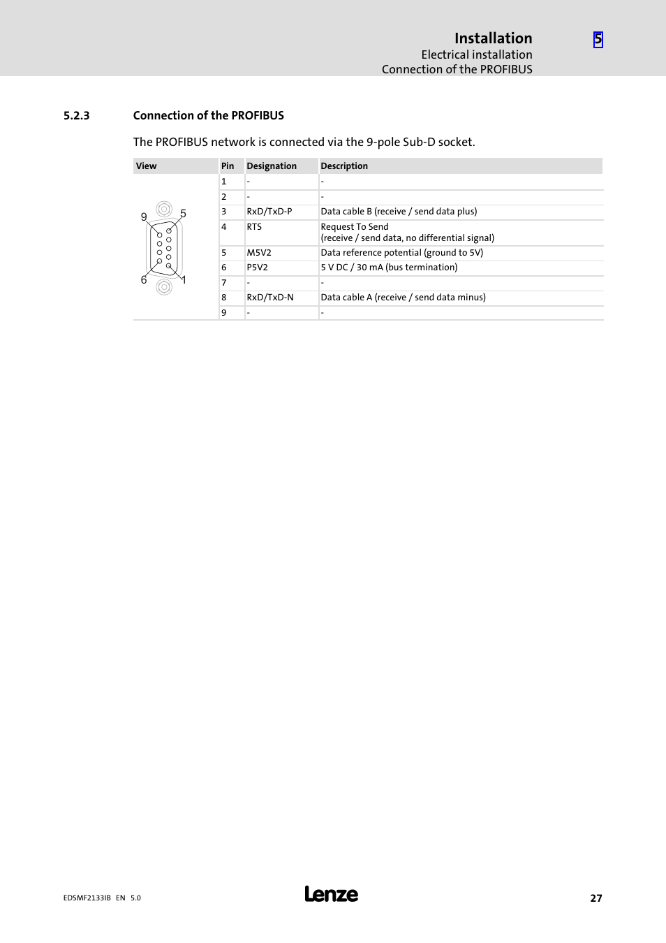 3 connection of the profibus, Connection of the profibus, Installation | Lenze EMF2133IB User Manual | Page 27 / 134