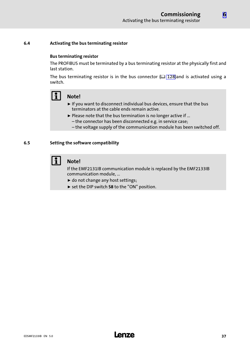 4 activating the bus terminating resistor, 5 setting the software compatibility, Activating the bus terminating resistor | Setting the software compatibility | Lenze EMF2133IB User Manual | Page 37 / 134
