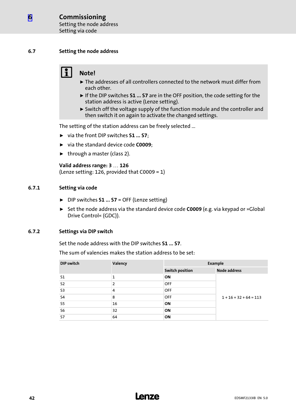 7 setting the node address, 1 setting via code, 2 settings via dip switch | Setting the node address, Setting via code, Settings via dip switch, Commissioning | Lenze EMF2133IB User Manual | Page 42 / 134