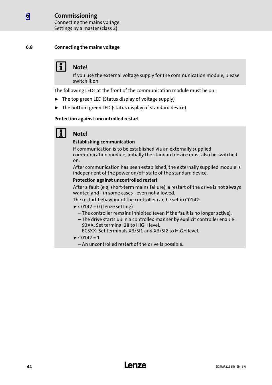 8 connecting the mains voltage, Connecting the mains voltage | Lenze EMF2133IB User Manual | Page 44 / 134