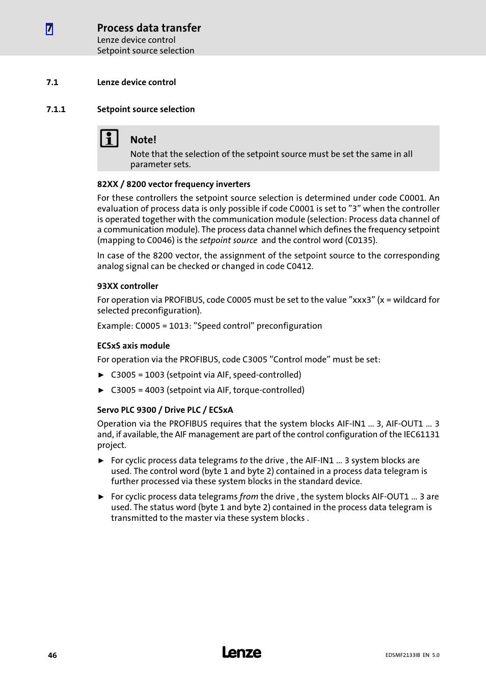 1 lenze device control, 1 setpoint source selection, Lenze device control | Setpoint source selection | Lenze EMF2133IB User Manual | Page 46 / 134