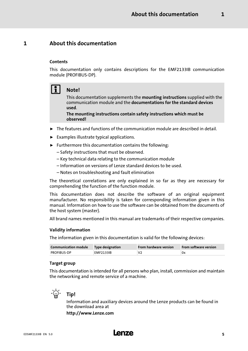 1 about this documentation, About this documentation, About this documentation 1 | 1about this documentation | Lenze EMF2133IB User Manual | Page 5 / 134