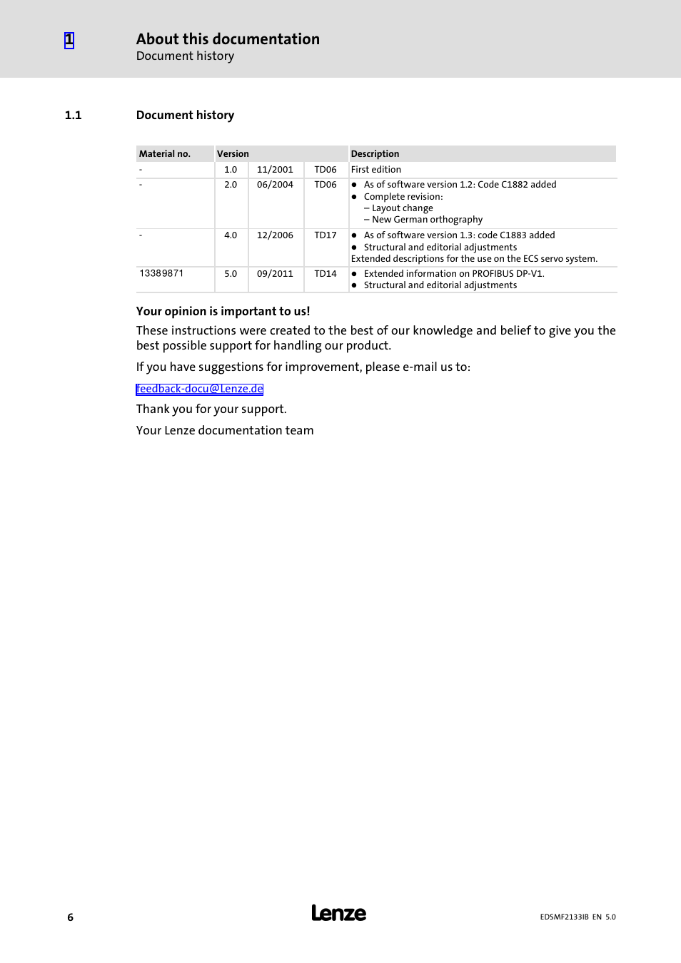 1 document history, Document history, About this documentation | Lenze EMF2133IB User Manual | Page 6 / 134