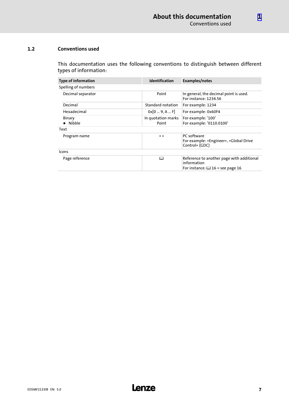 2 conventions used, Conventions used, About this documentation | Lenze EMF2133IB User Manual | Page 7 / 134