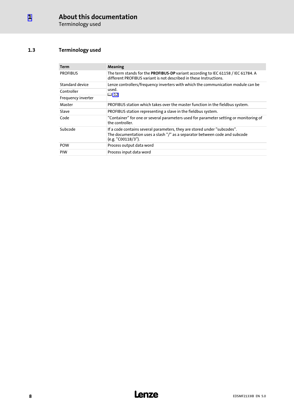 3 terminology used, Terminology used, About this documentation | Lenze EMF2133IB User Manual | Page 8 / 134